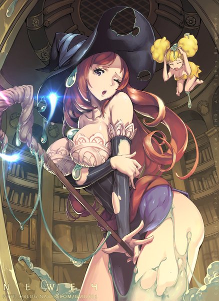 Anime picture 1000x1369 with dragon's crown vanillaware sorceress (dragon's crown) tiki (dragon's crown) newey long hair tall image looking at viewer breasts light erotic blonde hair brown hair large breasts multiple girls brown eyes indoors eyes closed one eye closed pointy ears from below