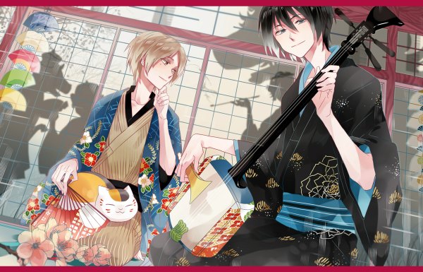 Anime picture 1200x770 with natsume yuujinchou brains base (studio) natsume takashi madara (nyanko-sensei) tanuma kaname michi (iawei) short hair blue eyes black hair blonde hair brown eyes eyes closed traditional clothes japanese clothes multiple boys shadow silhouette music musician boy