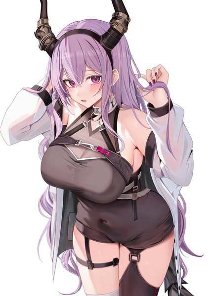 Anime picture 4300x6070 with arknights typhon (arknights) ru zhai single long hair tall image looking at viewer blush fringe highres breasts open mouth light erotic simple background hair between eyes large breasts standing white background purple eyes absurdres