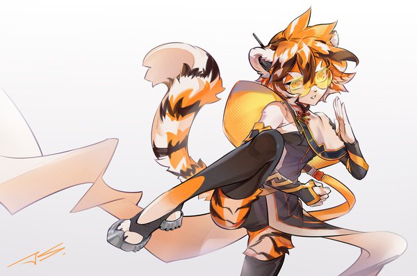 Anime picture 1450x959 with arknights waai fu (arknights) jpdjs single short hair light erotic simple background standing signed animal ears tail animal tail multicolored hair orange hair orange eyes gradient background standing on one leg fighting stance girl sunglasses