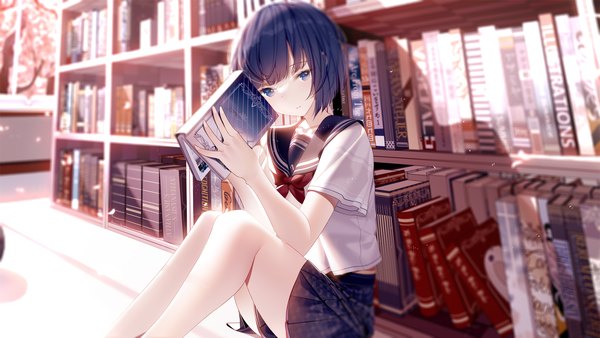 Anime picture 1920x1080 with project sekai kiritani haruka atha (leejuiping) single looking at viewer blush fringe highres short hair blue eyes wide image sitting holding blue hair bent knee (knees) indoors blunt bangs pleated skirt short sleeves bob cut