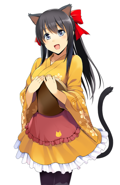 Anime picture 650x1000 with onigiri (mmorpg) kinka (onigiri) single long hair tall image blush open mouth blue eyes black hair animal ears tail animal tail cat ears cat girl cat tail transparent background girl dress frills bell
