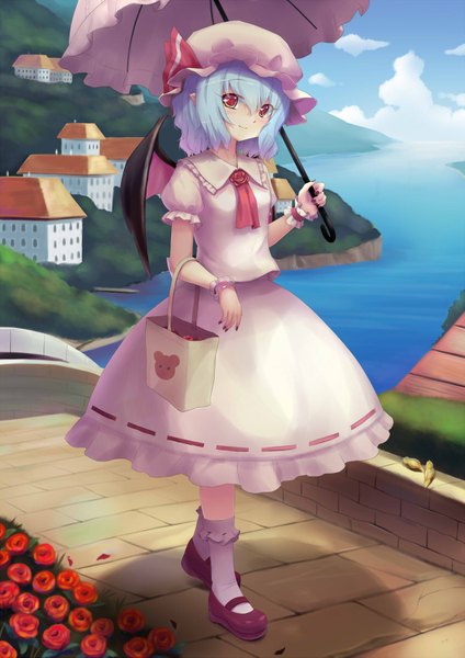 Anime picture 1200x1697 with touhou remilia scarlet sonikey0 0 single tall image looking at viewer blush short hair red eyes blue hair shadow walking bat wings girl dress skirt flower (flowers) wings socks sea
