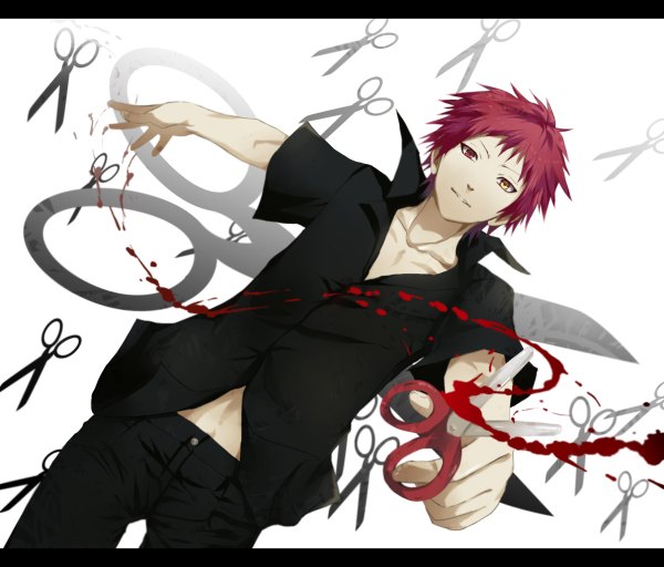 Anime picture 1200x1024 with kuroko no basket production i.g akashi seijuurou towa (pixiv1633815) single looking at viewer short hair white background red hair light smile heterochromia outstretched arm partially open clothes boy shirt scissors black shirt