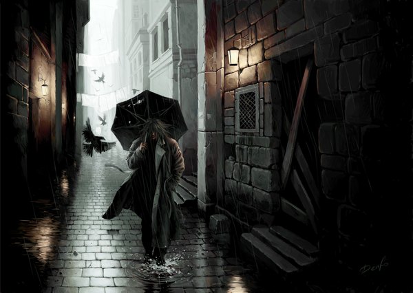 Anime-Bild 1000x711 mit original denfo single short hair signed grey hair rain alley boy umbrella coat lantern clothes crow puddle