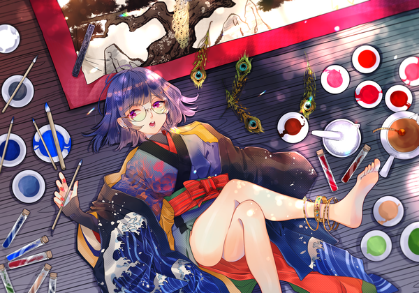 Anime picture 4000x2800 with original chilcy single highres short hair open mouth purple eyes absurdres purple hair lying nail polish traditional clothes japanese clothes from above bare legs on back crossed legs floral print leg lift (legs lift) girl