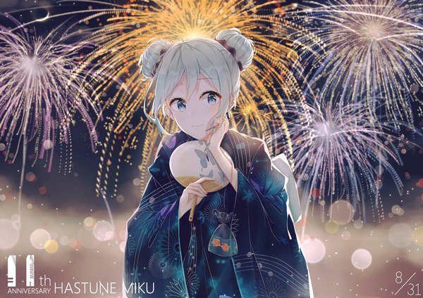 Anime picture 2048x1448 with vocaloid hatsune miku resonartwork single blush highres short hair blue eyes holding signed payot looking away silver hair upper body traditional clothes japanese clothes light smile night wide sleeves hair bun (hair buns)