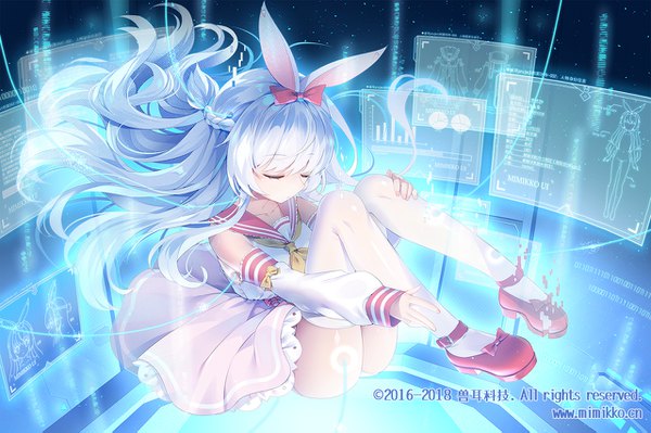 Anime picture 1280x853 with org.alie.momona momona (mvv) mvv single long hair fringe light erotic silver hair full body eyes closed floating hair dated hand on knee midair girl thighhighs dress skirt bow hair bow