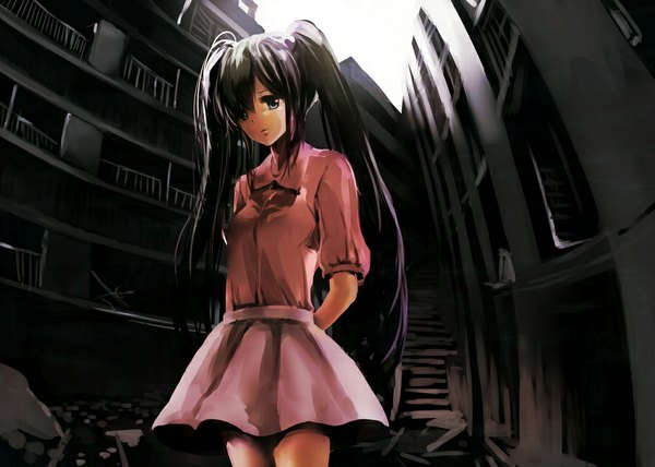 Anime picture 1000x714 with original nonoharak single long hair looking at viewer fringe black hair smile twintails black eyes hair over one eye hands behind back girl skirt shirt building (buildings)