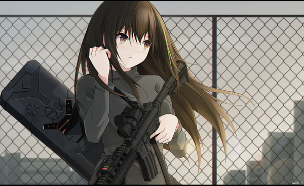 Anime picture 1980x1218 with girls frontline m4a1 (girls frontline) keenh single long hair fringe highres hair between eyes brown hair wide image standing holding brown eyes signed looking away upper body outdoors long sleeves multicolored hair arm up