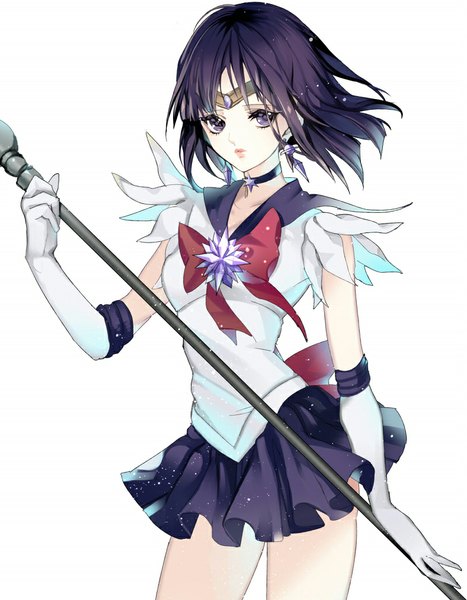 Anime picture 788x1012 with bishoujo senshi sailor moon toei animation tomoe hotaru sailor saturn sugurixxxx single tall image short hair black hair simple background white background purple eyes looking away wind girl gloves earrings choker elbow gloves white gloves