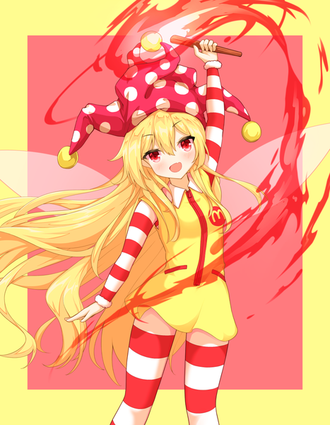 Anime picture 1120x1440 with touhou mcdonald's clownpiece ronald mcdonald tilt gyx single long hair tall image looking at viewer blush fringe open mouth simple background blonde hair hair between eyes red eyes :d arm up red background polka dot