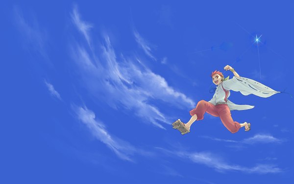 Anime picture 1280x800 with harukanaru toki no naka de inori (harukanaru) c (pixiv) single open mouth red eyes wide image sky cloud (clouds) red hair traditional clothes jumping boy star (stars)