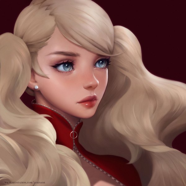 Anime picture 1920x1920 with persona 5 persona takamaki anne jane nane single long hair highres blonde hair simple background twintails signed looking away upper body realistic grey eyes lipstick portrait dark background cleavage cutout red lipstick