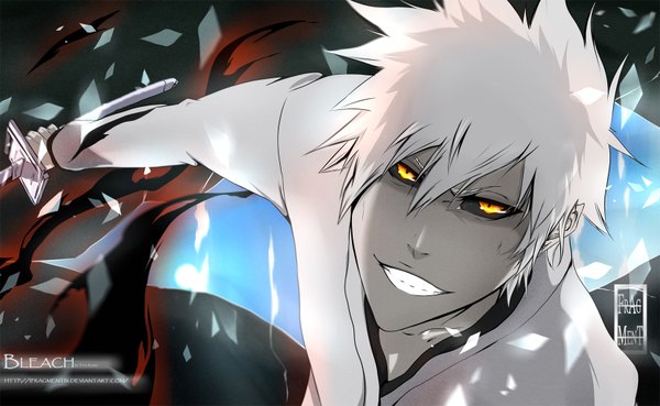 Anime picture 1680x1034 with bleach studio pierrot kurosaki ichigo ifragmentix single short hair smile wide image yellow eyes white hair japanese clothes inscription grin coloring boy weapon sword kimono katana debris