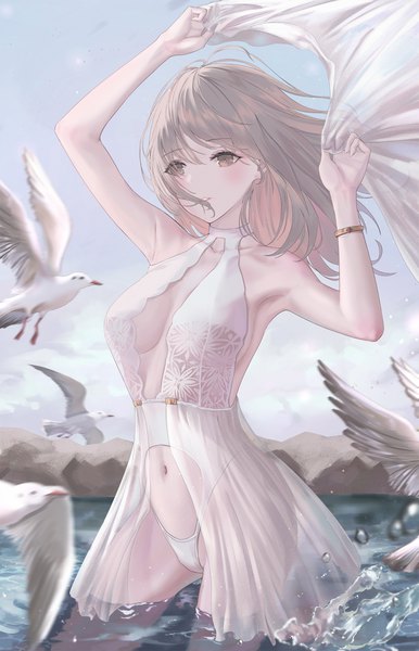 Anime picture 2237x3479 with original tooku0 single long hair tall image fringe highres breasts light erotic brown hair standing holding brown eyes looking away sky outdoors parted lips arms up armpit (armpits) partially submerged
