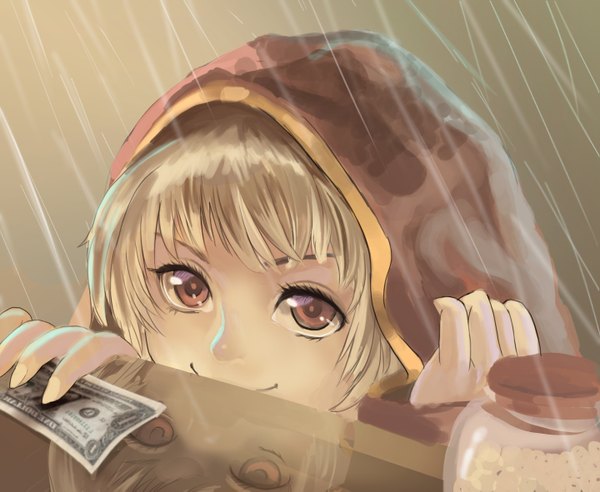 Anime picture 1440x1181 with leon-hearts single short hair smile brown eyes reflection rain face dark hair girl hood money