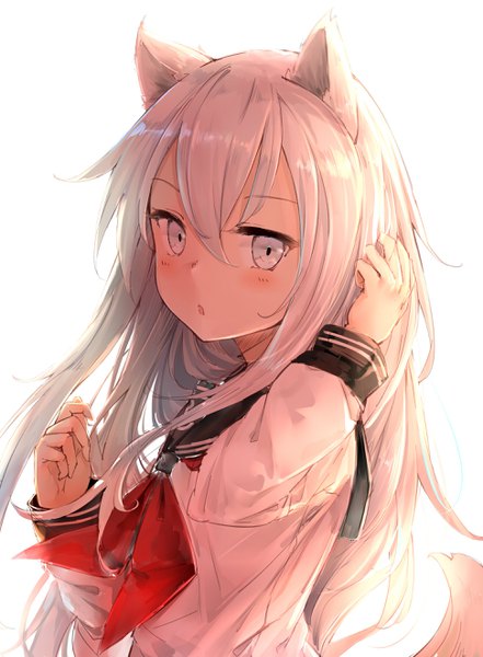 Anime picture 1944x2644 with kantai collection hibiki destroyer somalisu single long hair tall image blush fringe highres simple background hair between eyes white background animal ears tail animal tail :o adjusting hair silver eyes kemonomimi mode dog ears