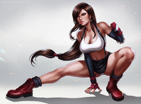 Anime picture 1400x1035 with final fantasy final fantasy vii square enix tifa lockhart dandon fuga single long hair breasts light erotic black hair simple background red eyes large breasts looking away cleavage full body lips realistic grey background bare legs