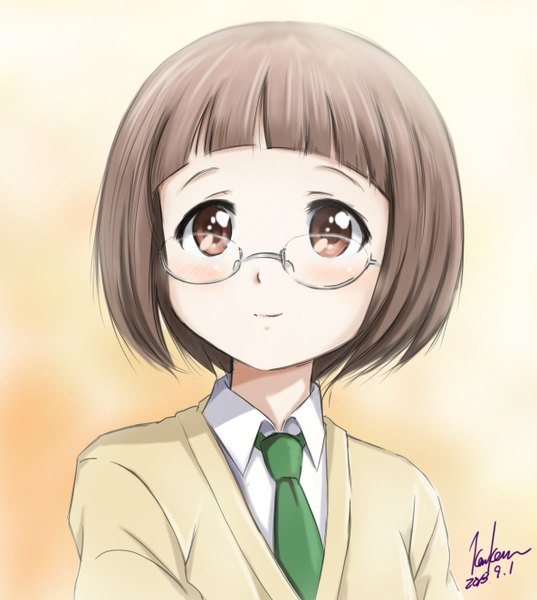 Anime picture 1186x1325 with love lab doga kobo tanahashi suzune kem kem single tall image looking at viewer blush short hair brown hair brown eyes signed girl uniform school uniform glasses