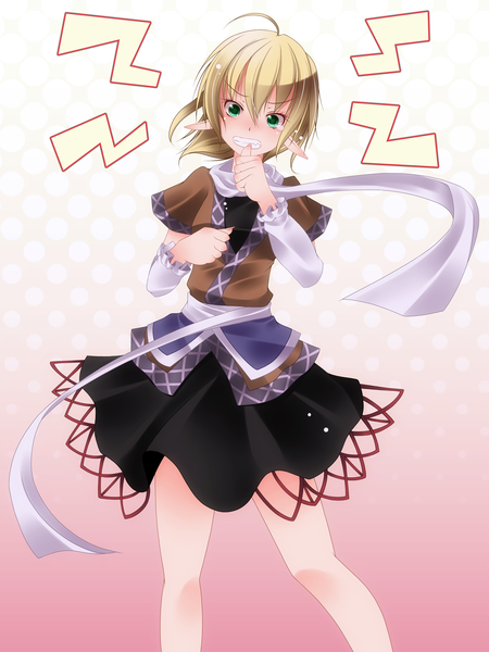 Anime picture 1200x1600 with touhou mizuhashi parsee s-syogo single tall image short hair blonde hair green eyes pointy ears tears mouth hold girl scarf