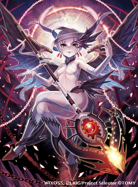 Anime picture 750x1014 with selector infected wixoss wixoss j.c. staff ulith (wixoss) madopen single tall image looking at viewer blush fringe short hair breasts open mouth light erotic hair between eyes red eyes sitting bare shoulders silver hair official art