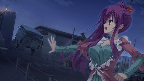Anime picture 1280x720 with dracu-riot! yuzusoft inamura rio long hair open mouth red eyes wide image game cg ponytail red hair side ponytail girl dress ground vehicle car