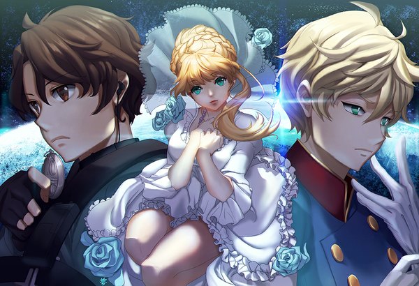 Anime-Bild 1000x684 mit aldnoah.zero a-1 pictures slaine troyard asseylum vers allusia kaizuka inaho lucidsky long hair looking at viewer fringe short hair blonde hair brown hair brown eyes green eyes ahoge braid (braids) multiple boys group jumping angry