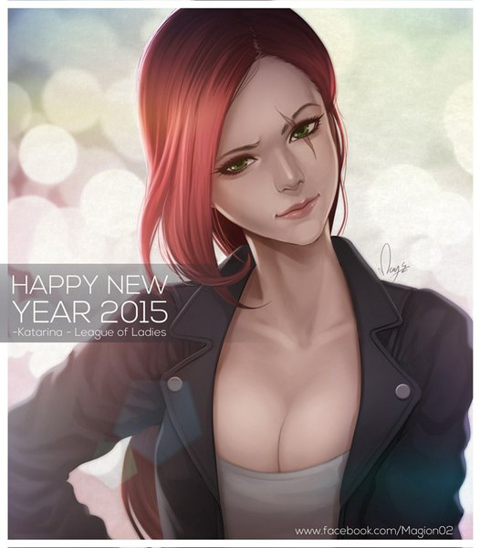 Anime-Bild 800x913 mit league of legends katarina (league of legends) magion02 single long hair tall image looking at viewer green eyes red hair lips realistic alternate costume scar new year happy new year girl jacket