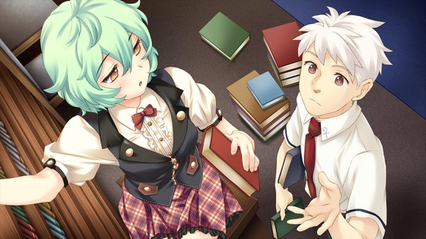 Anime picture 1280x720 with tsubasa o kudasai (game) short hair wide image brown eyes yellow eyes game cg white hair green hair girl boy serafuku necktie book (books)