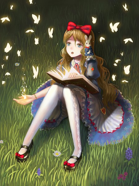 Anime picture 848x1132 with alice in wonderland alice (wonderland) doora (dora0913) single long hair tall image open mouth blue eyes blonde hair sitting :o girl thighhighs dress flower (flowers) bow plant (plants) hair bow animal white thighhighs