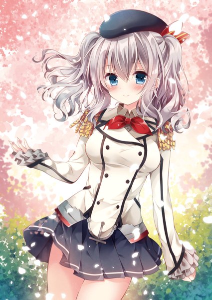 Anime picture 600x847 with kantai collection kashima training cruiser nogi takayoshi single long hair tall image looking at viewer blush fringe blue eyes smile hair between eyes standing twintails payot silver hair pleated skirt arm up sunlight thighs