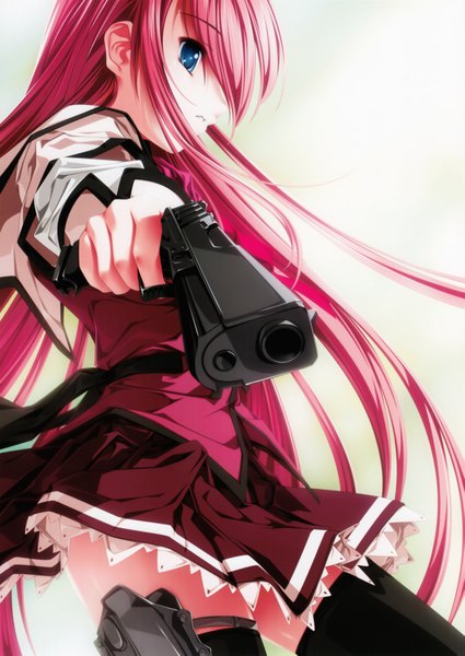 Anime picture 2581x3645 with koisuru otome to shugo no tate yamada taeko senomoto hisashi long hair tall image highres blue eyes white background pink hair absurdres girl weapon serafuku gun