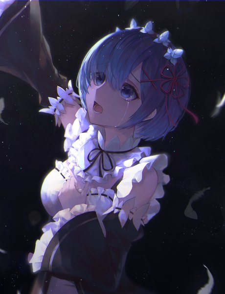 Anime picture 2639x3440 with re:zero kara hajimeru isekai seikatsu white fox rem (re:zero) crystalherb single tall image fringe highres short hair open mouth blue eyes simple background standing blue hair looking away arm up from above hair over one eye wide sleeves teeth