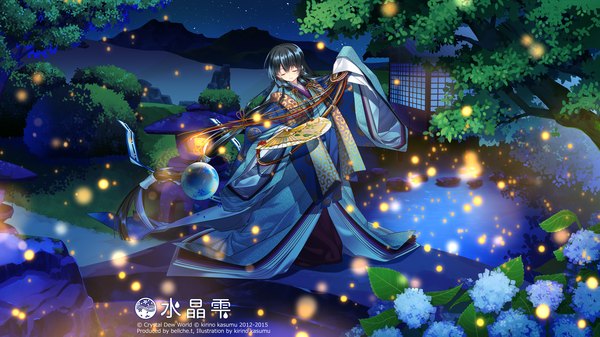 Anime picture 7680x4320 with original kirino kasumu single long hair highres black hair wide image absurdres eyes closed traditional clothes japanese clothes night girl flower (flowers) plant (plants) tree (trees) kimono insect fan hydrangea