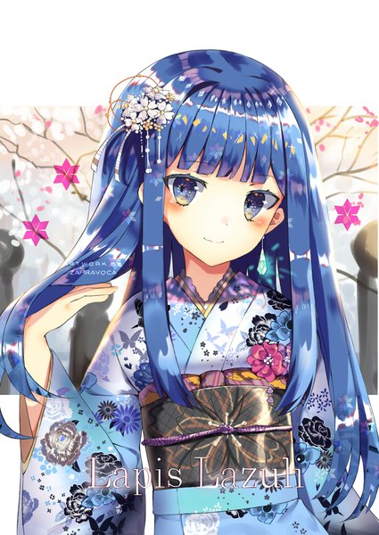 Anime picture 700x989 with houseki no kuni lapis lazuli (houseki no kuni) zahravoca (annpratamav) single long hair tall image looking at viewer blush fringe blue eyes signed blue hair upper body blunt bangs traditional clothes head tilt japanese clothes hair flower light smile wide sleeves