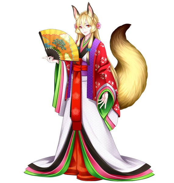 Anime picture 1280x1344 with youkai hyakki-tan! single long hair tall image looking at viewer fringe simple background blonde hair smile hair between eyes red eyes animal ears payot tail traditional clothes japanese clothes animal tail hair flower wide sleeves fox ears