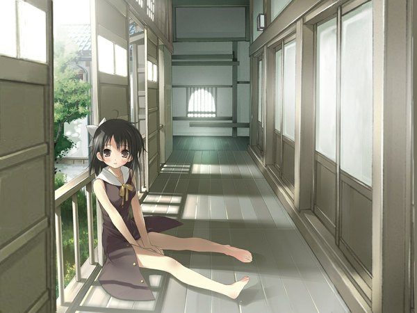 Anime picture 1024x768 with original kantoku single looking at viewer blush fringe short hair breasts open mouth black hair smile sitting brown eyes barefoot sunlight open clothes bare legs legs between legs girl