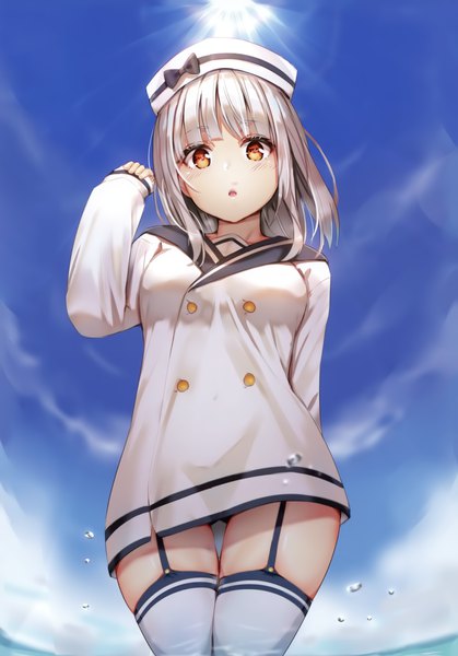 Anime picture 2514x3600 with original reinama single long hair tall image looking at viewer blush fringe highres breasts light erotic payot sky silver hair outdoors blunt bangs long sleeves scan :o from below