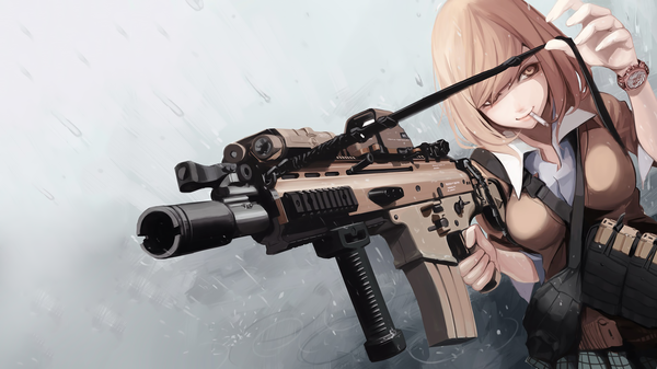 Anime-Bild 1920x1080 mit original koh (minagi kou) single fringe highres short hair simple background blonde hair wide image brown eyes looking away from above hair over one eye grey background wallpaper rain open collar smoking girl uniform