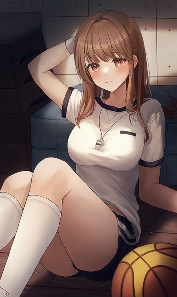 Anime picture 900x1511 with original hini ni single long hair tall image looking at viewer blush fringe breasts brown hair large breasts sitting bent knee (knees) indoors arm up short sleeves tears arm behind head gym storeroom girl