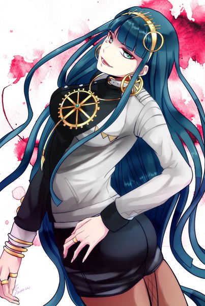 Anime picture 1000x1487 with fate (series) fate/grand order cleopatra (assassin) fsinzu u single tall image looking at viewer fringe open mouth green eyes blue hair blunt bangs very long hair open jacket hand on hip turning head girl dress earrings pantyhose