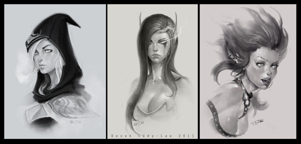 Anime picture 1665x801 with league of legends evelynn (league of legends) ashe (league of legends) morgana (league of legends) gorrem long hair looking at viewer fringe breasts open mouth blonde hair wide image multiple girls pointy ears hair over one eye teeth monochrome sharp teeth girl earrings