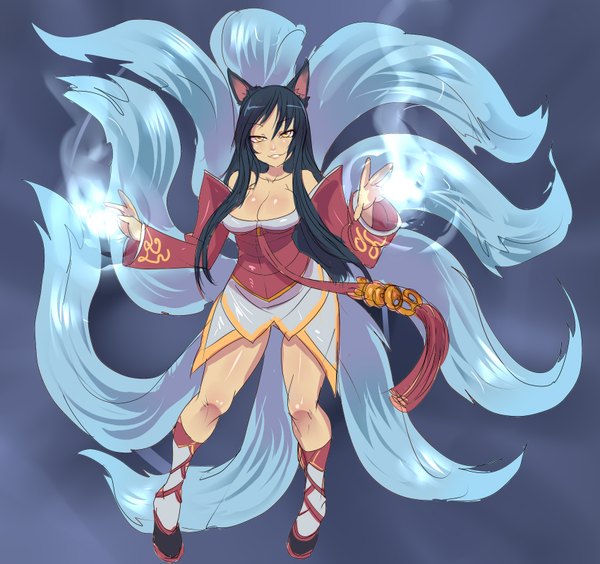 Anime picture 1700x1600 with league of legends ahri (league of legends) single long hair breasts light erotic black hair simple background large breasts bare shoulders animal ears yellow eyes animal tail fox ears magic multiple tails girl dress