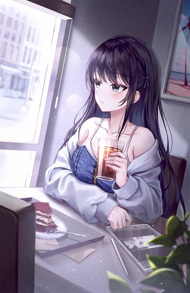 Anime picture 652x1000 with original minari (lmina09) single long hair tall image blush fringe blue eyes black hair sitting bare shoulders holding looking away indoors blunt bangs long sleeves sunlight off shoulder lens flare dust