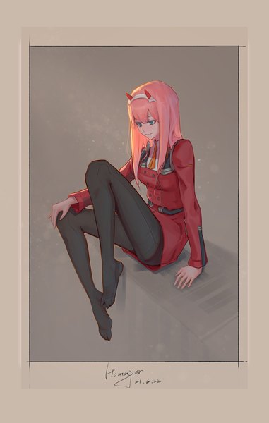 Anime picture 2808x4419 with darling in the franxx studio trigger zero two (darling in the franxx) homajor single long hair tall image blush fringe highres light erotic simple background smile sitting signed pink hair full body bent knee (knees) blunt bangs horn (horns)