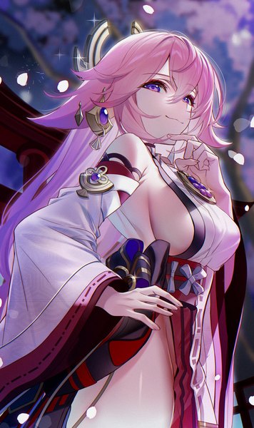 Anime picture 1300x2191 with genshin impact yae miko kawachi rin single long hair tall image looking at viewer fringe breasts light erotic smile hair between eyes large breasts standing purple eyes animal ears pink hair outdoors traditional clothes japanese clothes
