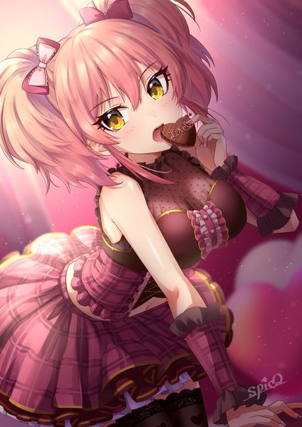 Anime picture 2894x4093 with idolmaster idolmaster cinderella girls jougasaki mika spicapix single tall image fringe highres short hair hair between eyes twintails signed yellow eyes pink hair nail polish arm support short twintails eating valentine pink nail polish