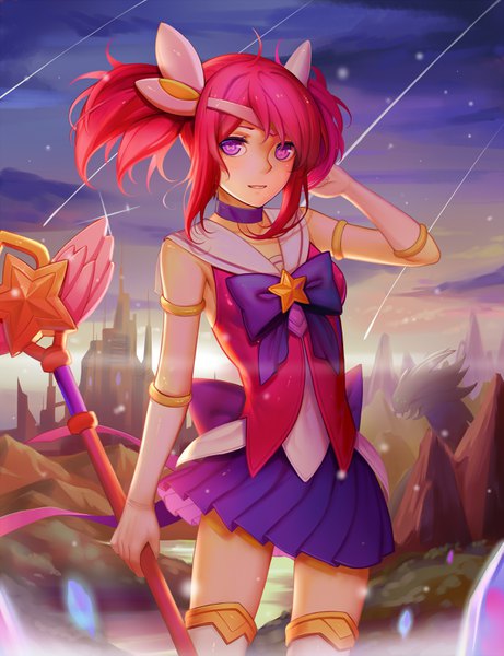 Anime picture 2500x3250 with league of legends lux (league of legends) baron nashor (league of legends) sonikey0 0 single long hair tall image looking at viewer fringe highres standing twintails pink hair sky cloud (clouds) ahoge parted lips pleated skirt wind sparkle