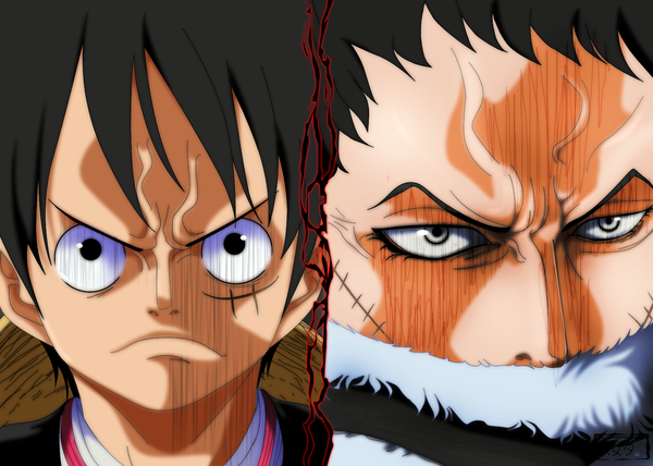 Anime picture 1737x1240 with one piece toei animation monkey d. luffy charlotte katakuri yameta studio looking at viewer fringe highres short hair black hair black eyes multiple boys fur trim coloring scar shaded face eyebrows face multiview covered mouth